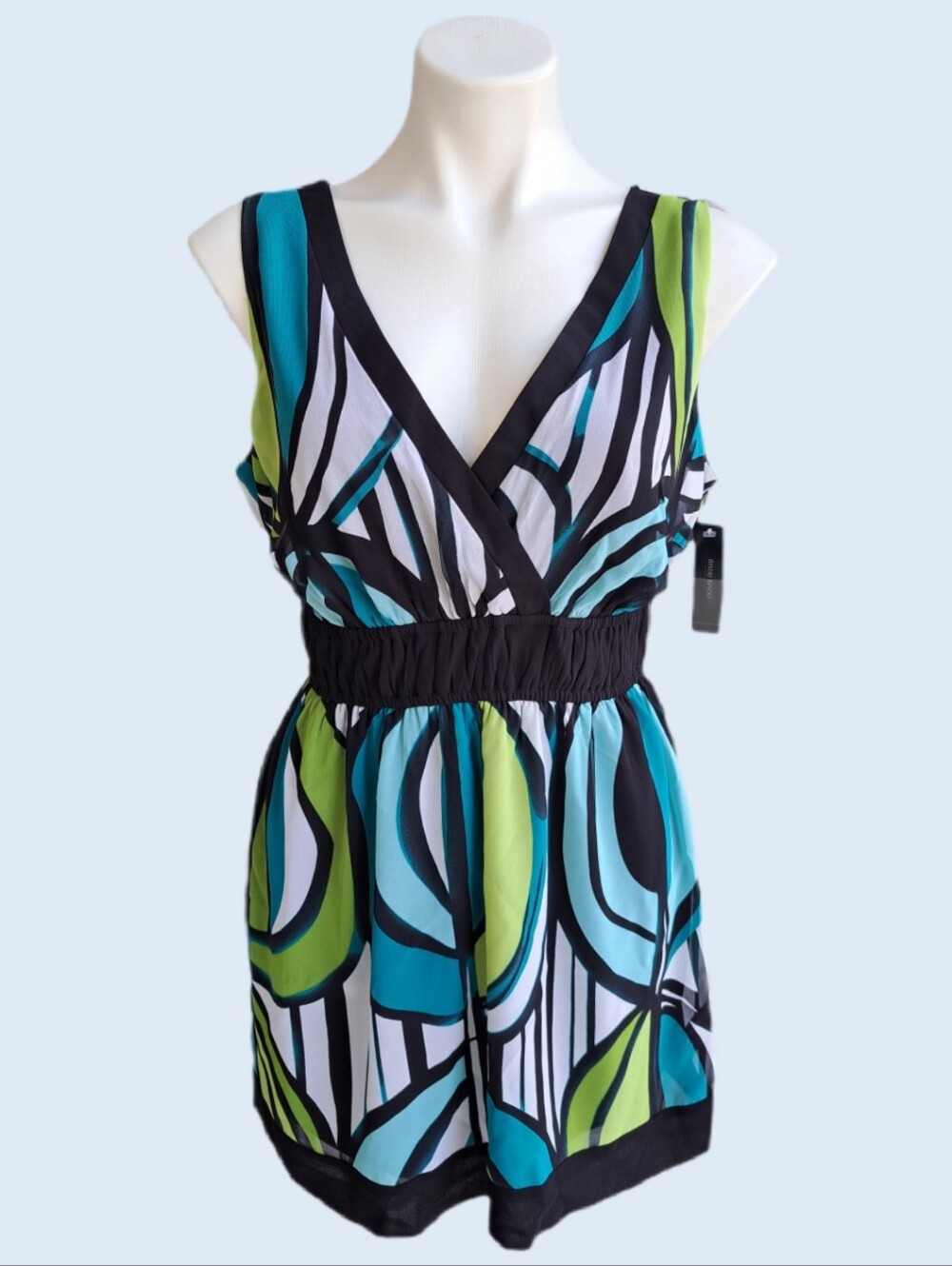 Bisou Bisou Abstract Geometric Tunic Top Blue Green Smocked Empire Waist NWT L
